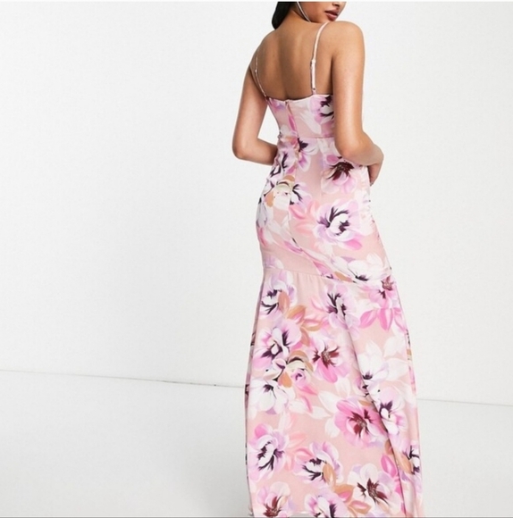 Liquorish ASOS Formal Satin Twist-Front Maxi Dress Pinks Cutout Slit Sz 8 NWT - Picture 7 of 16